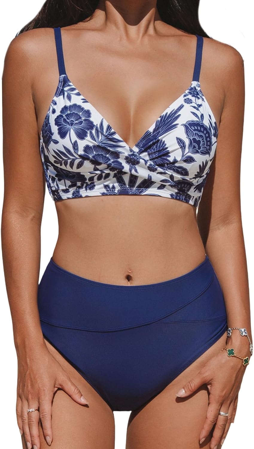 CUPSHE Women's Bikini Sets Two Piece Swimsuit High Waisted V Neck Twist Front Adjustable Spaghetti Straps Bathing Suit - 7DAY'S