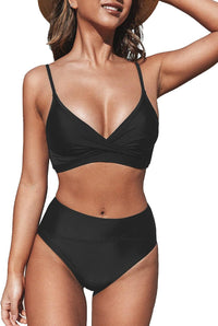 CUPSHE Women's Bikini Sets Two Piece Swimsuit High Waisted V Neck Twist Front Adjustable Spaghetti Straps Bathing Suit - 7DAY'S