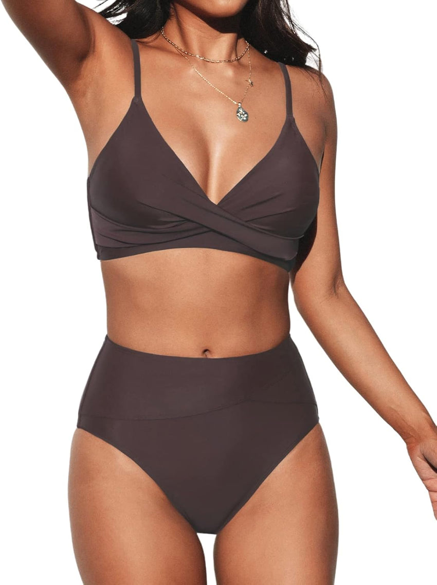 CUPSHE Women's Bikini Sets Two Piece Swimsuit High Waisted V Neck Twist Front Adjustable Spaghetti Straps Bathing Suit - 7DAY'S