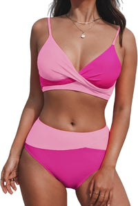 CUPSHE Women's Bikini Sets Two Piece Swimsuit High Waisted V Neck Twist Front Adjustable Spaghetti Straps Bathing Suit - 7DAY'S