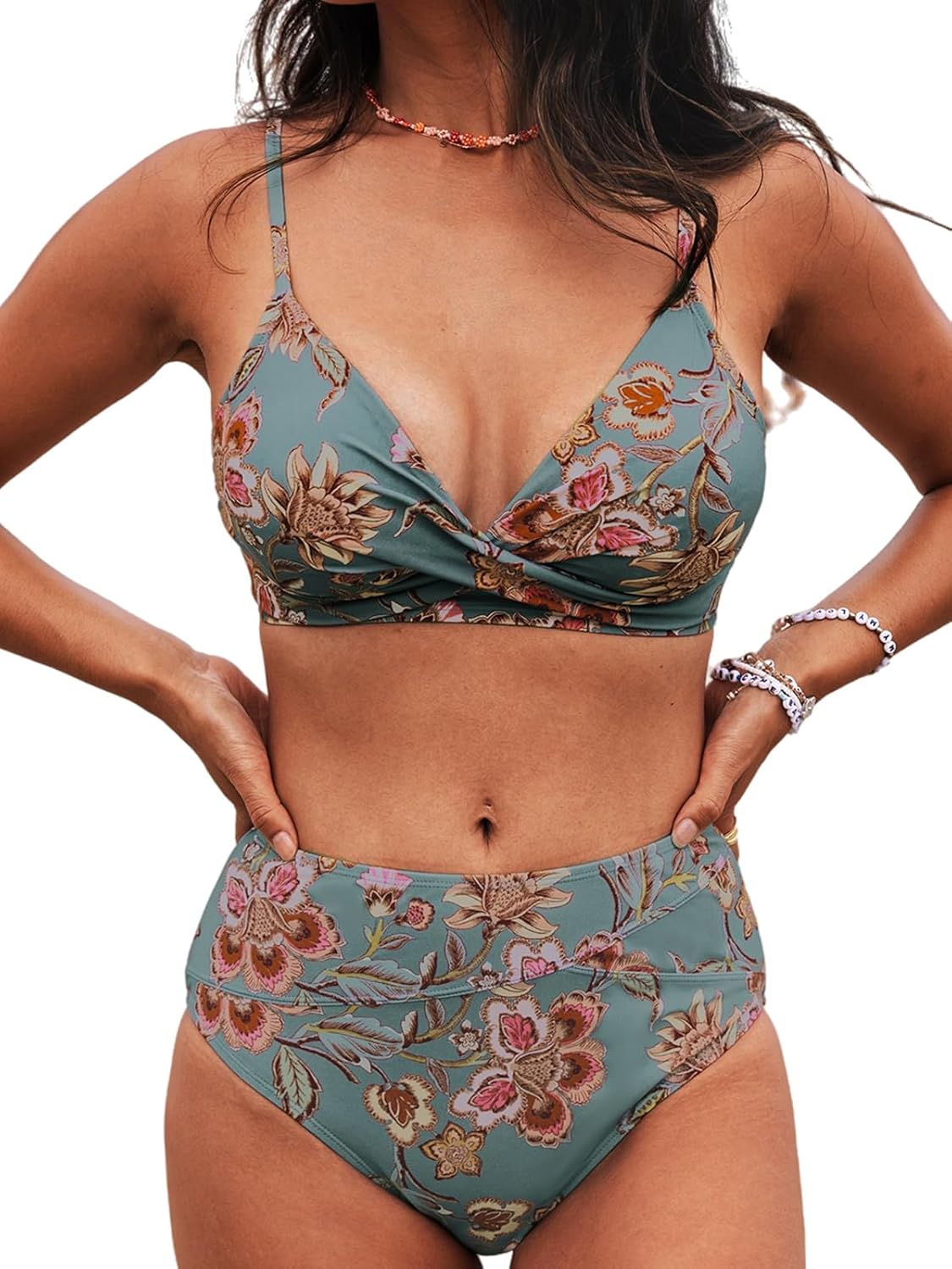 CUPSHE Women's Bikini Sets Two Piece Swimsuit High Waisted V Neck Twist Front Adjustable Spaghetti Straps Bathing Suit - 7DAY'S