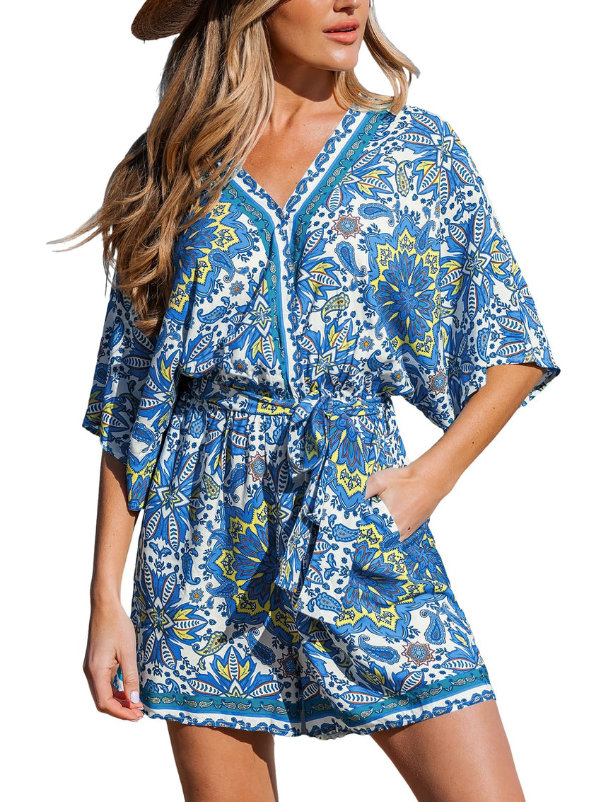 CUPSHE Women's Lace Up Leopard Print Romper Short Sleeves Jumpsuits Wide leg Outfit - 7DAY'S