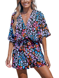 CUPSHE Women's Lace Up Leopard Print Romper Short Sleeves Jumpsuits Wide leg Outfit - 7DAY'S