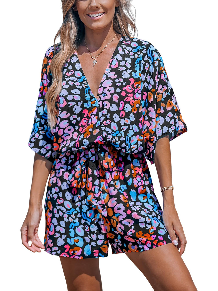 CUPSHE Women's Lace Up Leopard Print Romper Short Sleeves Jumpsuits Wide leg Outfit - 7DAY'S