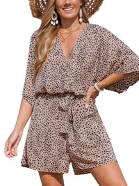 CUPSHE Women's Lace Up Leopard Print Romper Short Sleeves Jumpsuits Wide leg Outfit - 7DAY'S