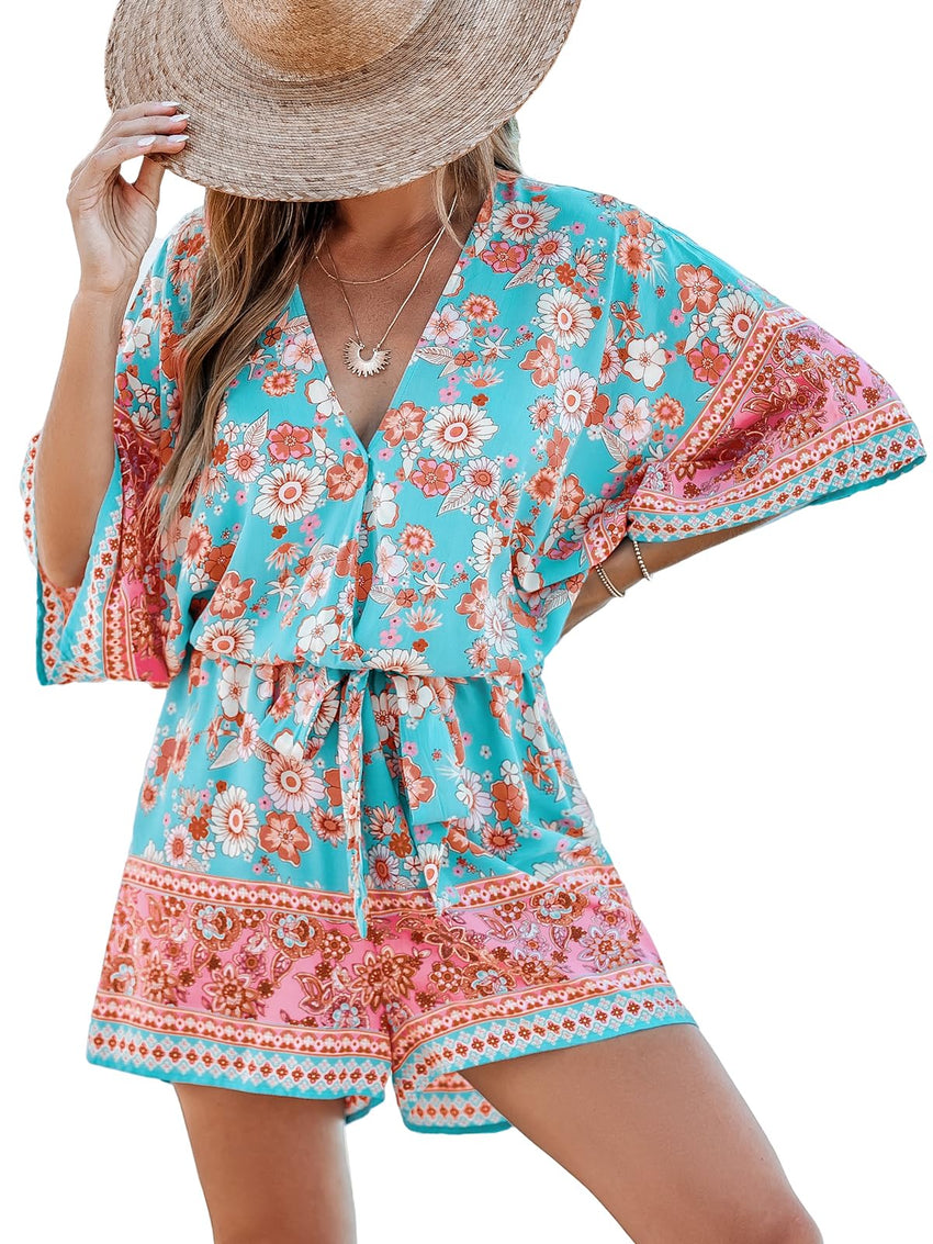 CUPSHE Women's Lace Up Leopard Print Romper Short Sleeves Jumpsuits Wide leg Outfit - 7DAY'S