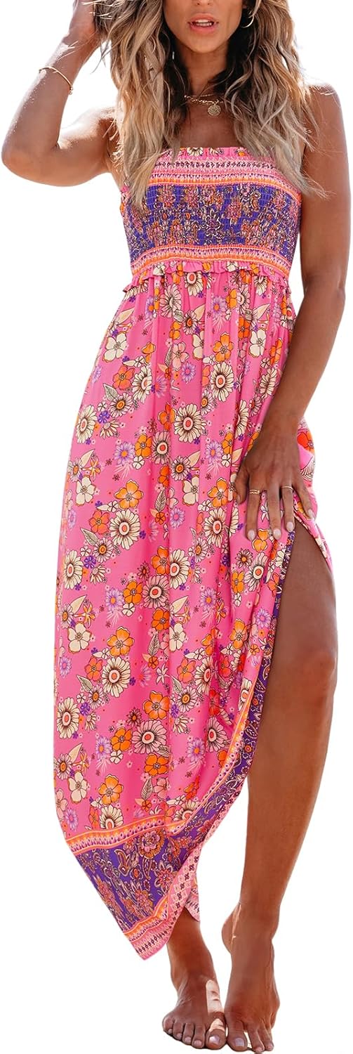 CUPSHE Women's Maxi Dress Ditsy Floral Smocked Summer Sundress Sleeveless Ruffled Spaghetti Straps Long Beach Formal Dress - 7DAY'S