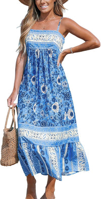 CUPSHE Women's Maxi Dress Ditsy Floral Smocked Summer Sundress Sleeveless Ruffled Spaghetti Straps Long Beach Formal Dress - 7DAY'S