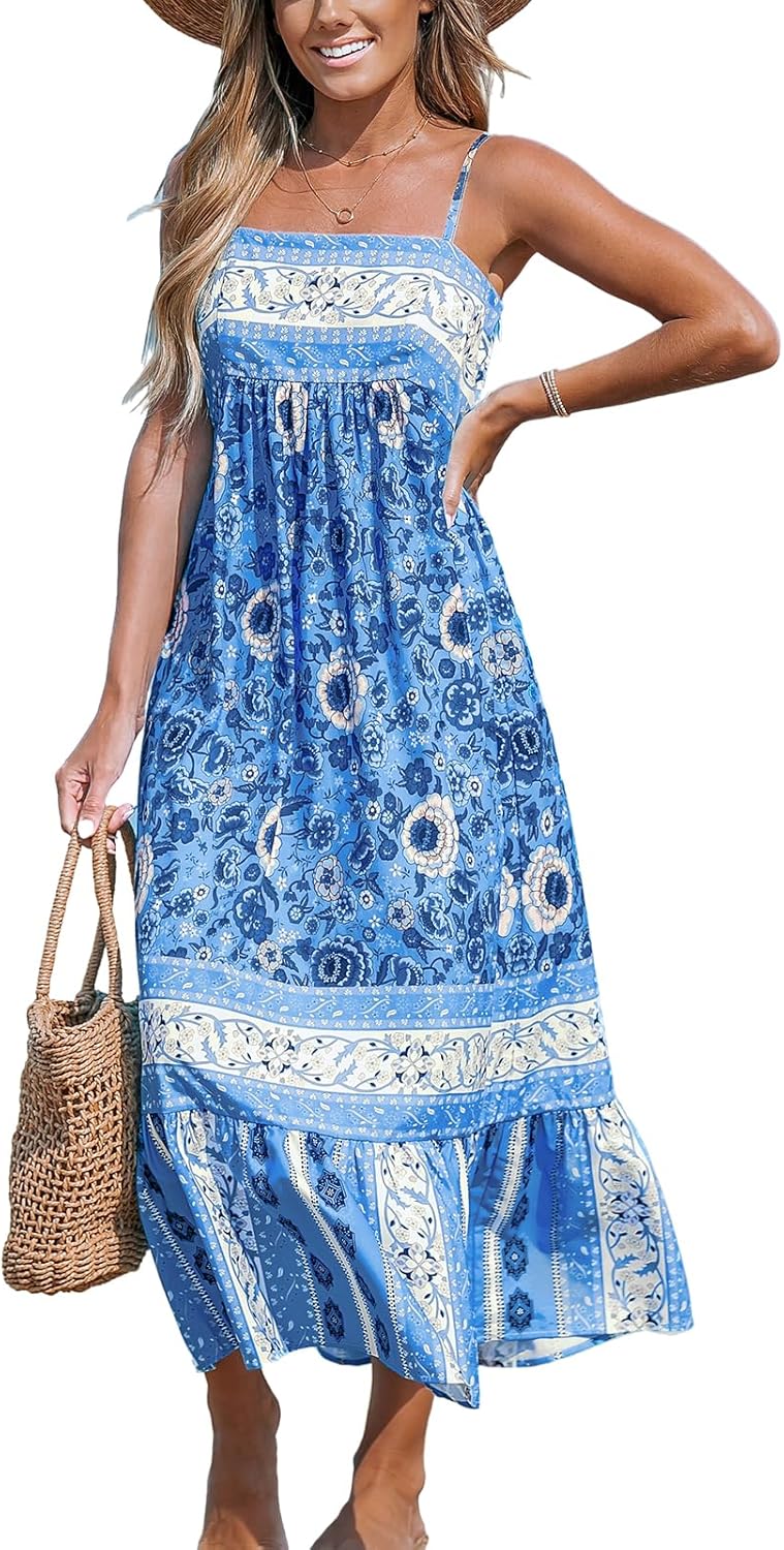 CUPSHE Women's Maxi Dress Ditsy Floral Smocked Summer Sundress Sleeveless Ruffled Spaghetti Straps Long Beach Formal Dress - 7DAY'S