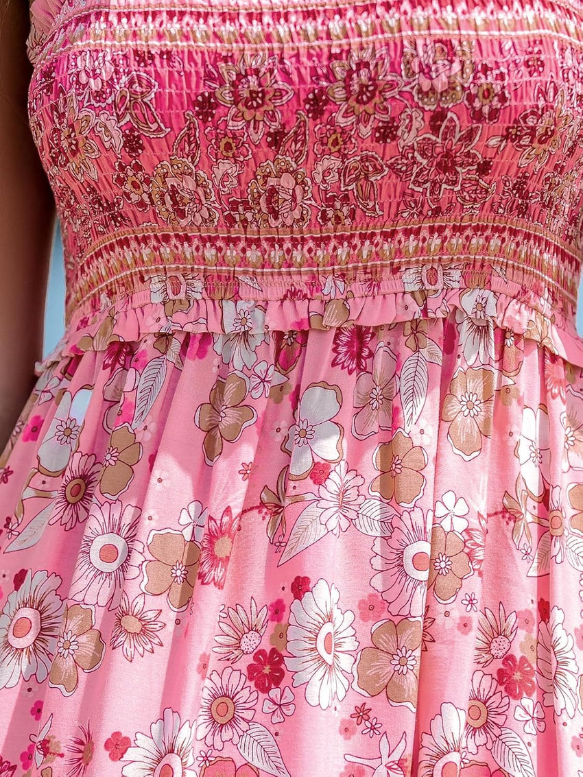 CUPSHE Women's Maxi Dress Ditsy Floral Smocked Summer Sundress Sleeveless Ruffled Spaghetti Straps Long Beach Formal Dress - 7DAY'S