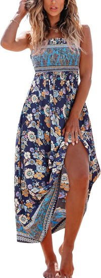CUPSHE Women's Maxi Dress Ditsy Floral Smocked Summer Sundress Sleeveless Ruffled Spaghetti Straps Long Beach Formal Dress - 7DAY'S