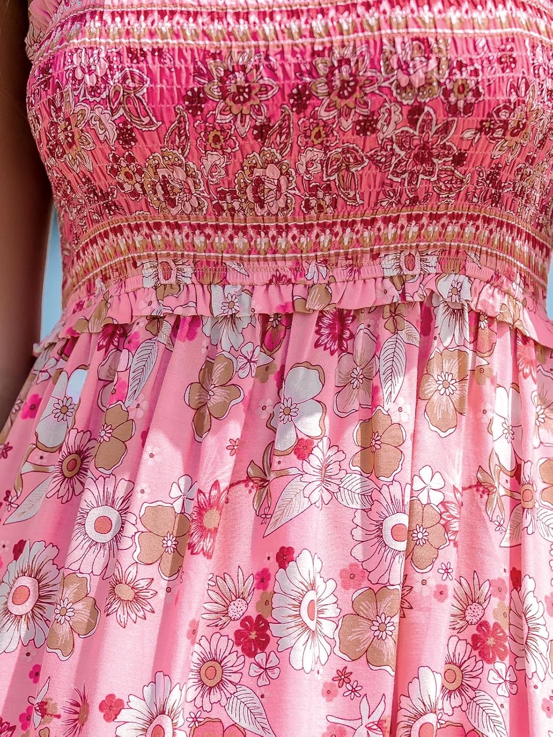 CUPSHE Women's Maxi Dress Ditsy Floral Smocked Summer Sundress Sleeveless Ruffled Spaghetti Straps Long Beach Formal Dress - 7DAY'S