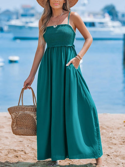 CUPSHE Women's Maxi Dress Ditsy Floral Smocked Summer Sundress Sleeveless Ruffled Spaghetti Straps Long Beach Formal Dress - 7DAY'S
