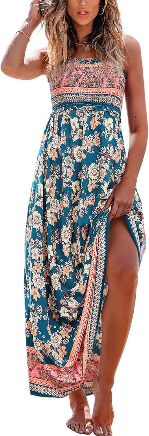 CUPSHE Women's Maxi Dress Ditsy Floral Smocked Summer Sundress Sleeveless Ruffled Spaghetti Straps Long Beach Formal Dress - 7DAY'S