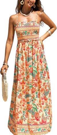 CUPSHE Women's Maxi Dress Ditsy Floral Smocked Summer Sundress Sleeveless Ruffled Spaghetti Straps Long Beach Formal Dress - 7DAY'S