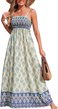 CUPSHE Women's Maxi Dress Ditsy Floral Smocked Summer Sundress Sleeveless Ruffled Spaghetti Straps Long Beach Formal Dress - 7DAY'S