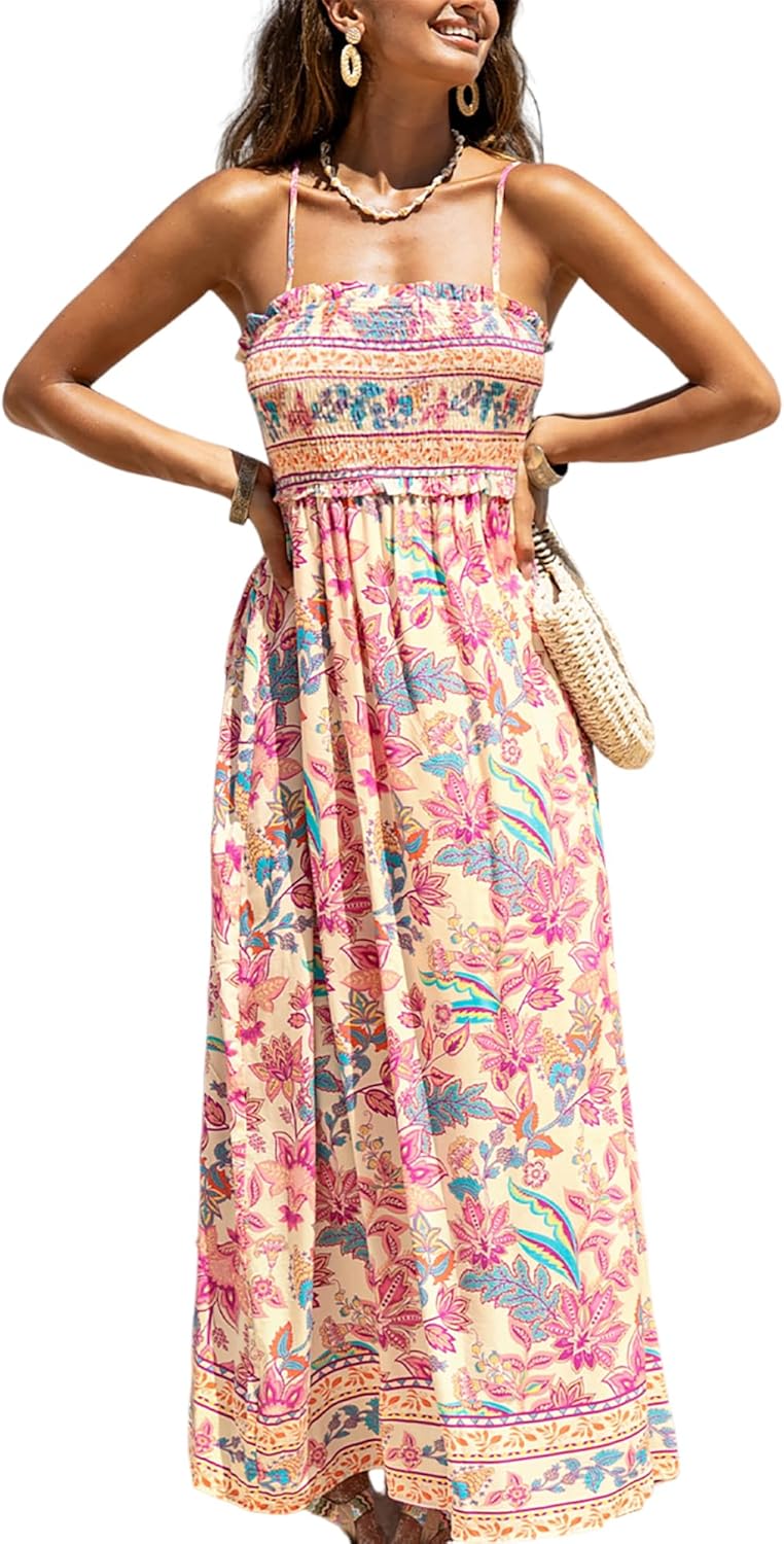 CUPSHE Women's Maxi Dress Ditsy Floral Smocked Summer Sundress Sleeveless Ruffled Spaghetti Straps Long Beach Formal Dress - 7DAY'S