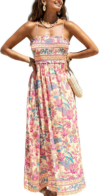 CUPSHE Women's Maxi Dress Ditsy Floral Smocked Summer Sundress Sleeveless Ruffled Spaghetti Straps Long Beach Formal Dress - 7DAY'S