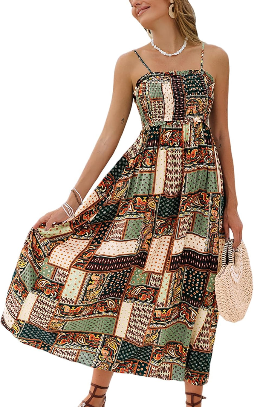 CUPSHE Women's Maxi Dress Ditsy Floral Smocked Summer Sundress Sleeveless Ruffled Spaghetti Straps Long Beach Formal Dress - 7DAY'S