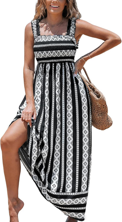 CUPSHE Women's Maxi Dress Ditsy Floral Smocked Summer Sundress Sleeveless Ruffled Spaghetti Straps Long Beach Formal Dress - 7DAY'S