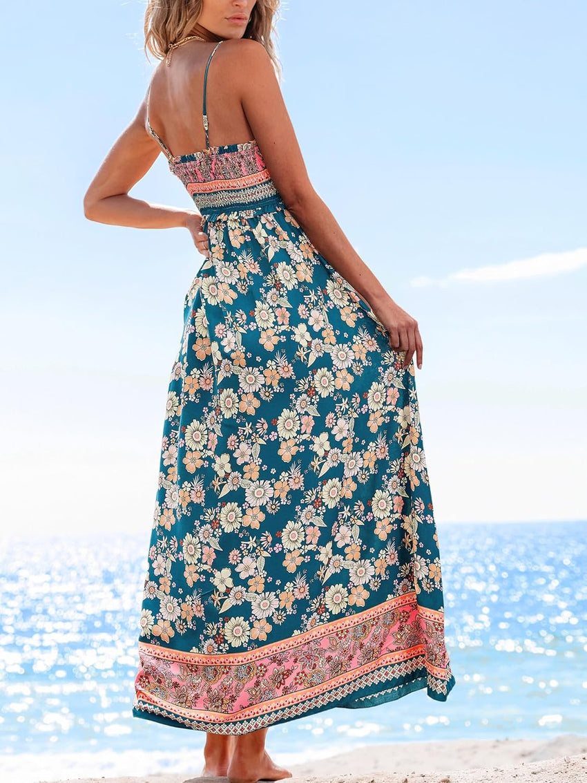 CUPSHE Women's Maxi Dress Ditsy Floral Smocked Summer Sundress Sleeveless Ruffled Spaghetti Straps Long Beach Formal Dress - 7DAY'S