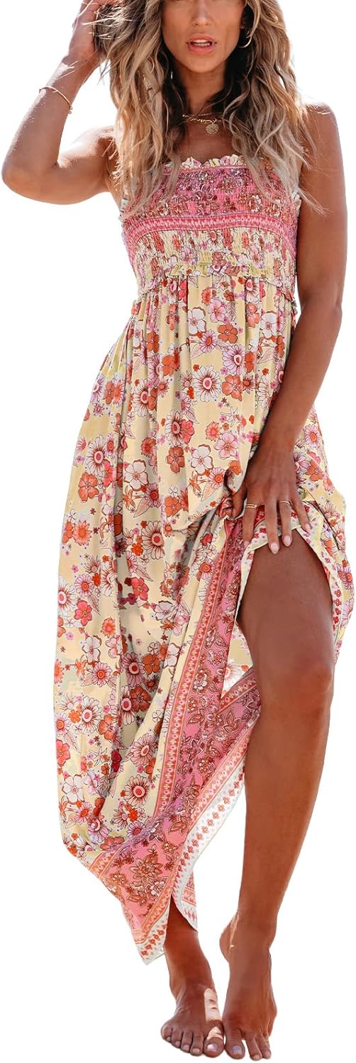 CUPSHE Women's Maxi Dress Ditsy Floral Smocked Summer Sundress Sleeveless Ruffled Spaghetti Straps Long Beach Formal Dress - 7DAY'S