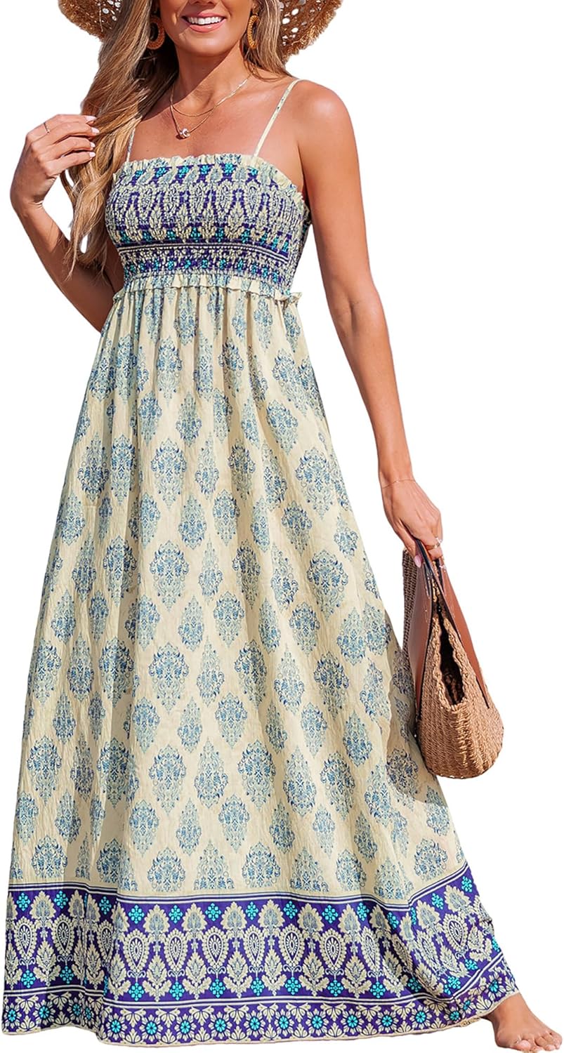 CUPSHE Women's Maxi Dress Ditsy Floral Smocked Summer Sundress Sleeveless Ruffled Spaghetti Straps Long Beach Formal Dress - 7DAY'S