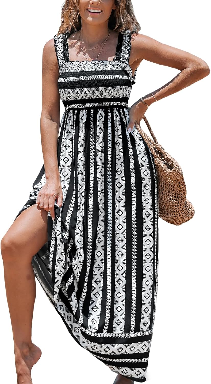 CUPSHE Women's Maxi Dress Ditsy Floral Smocked Summer Sundress Sleeveless Ruffled Spaghetti Straps Long Beach Formal Dress - 7DAY'S