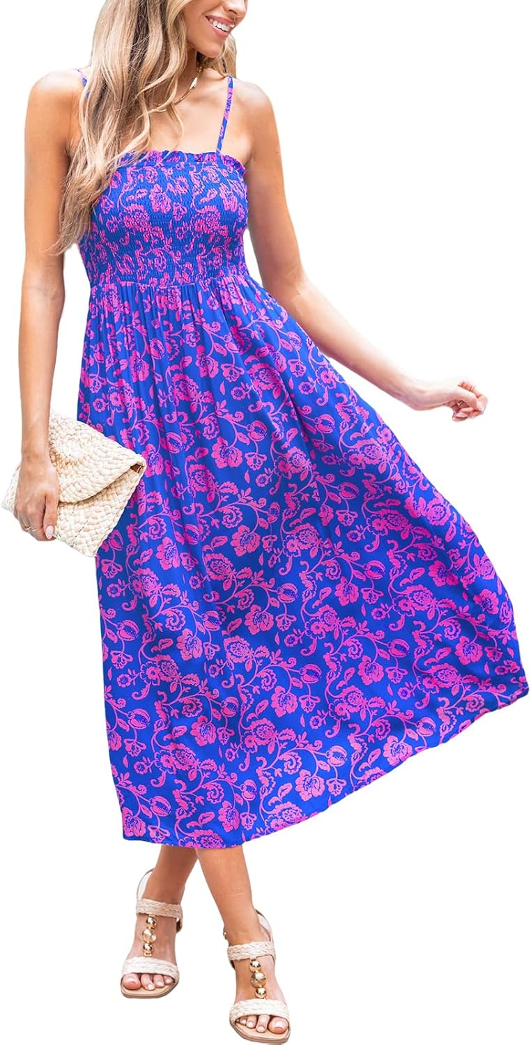 CUPSHE Women's Maxi Dress Ditsy Floral Smocked Summer Sundress Sleeveless Ruffled Spaghetti Straps Long Beach Formal Dress - 7DAY'S