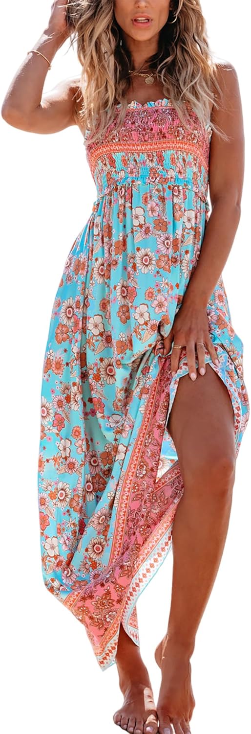 CUPSHE Women's Maxi Dress Ditsy Floral Smocked Summer Sundress Sleeveless Ruffled Spaghetti Straps Long Beach Formal Dress - 7DAY'S