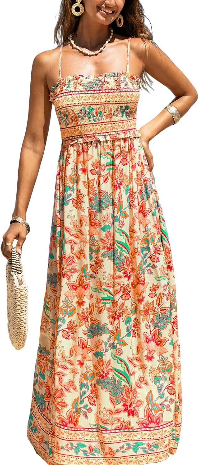 CUPSHE Women's Maxi Dress Ditsy Floral Smocked Summer Sundress Sleeveless Ruffled Spaghetti Straps Long Beach Formal Dress - 7DAY'S