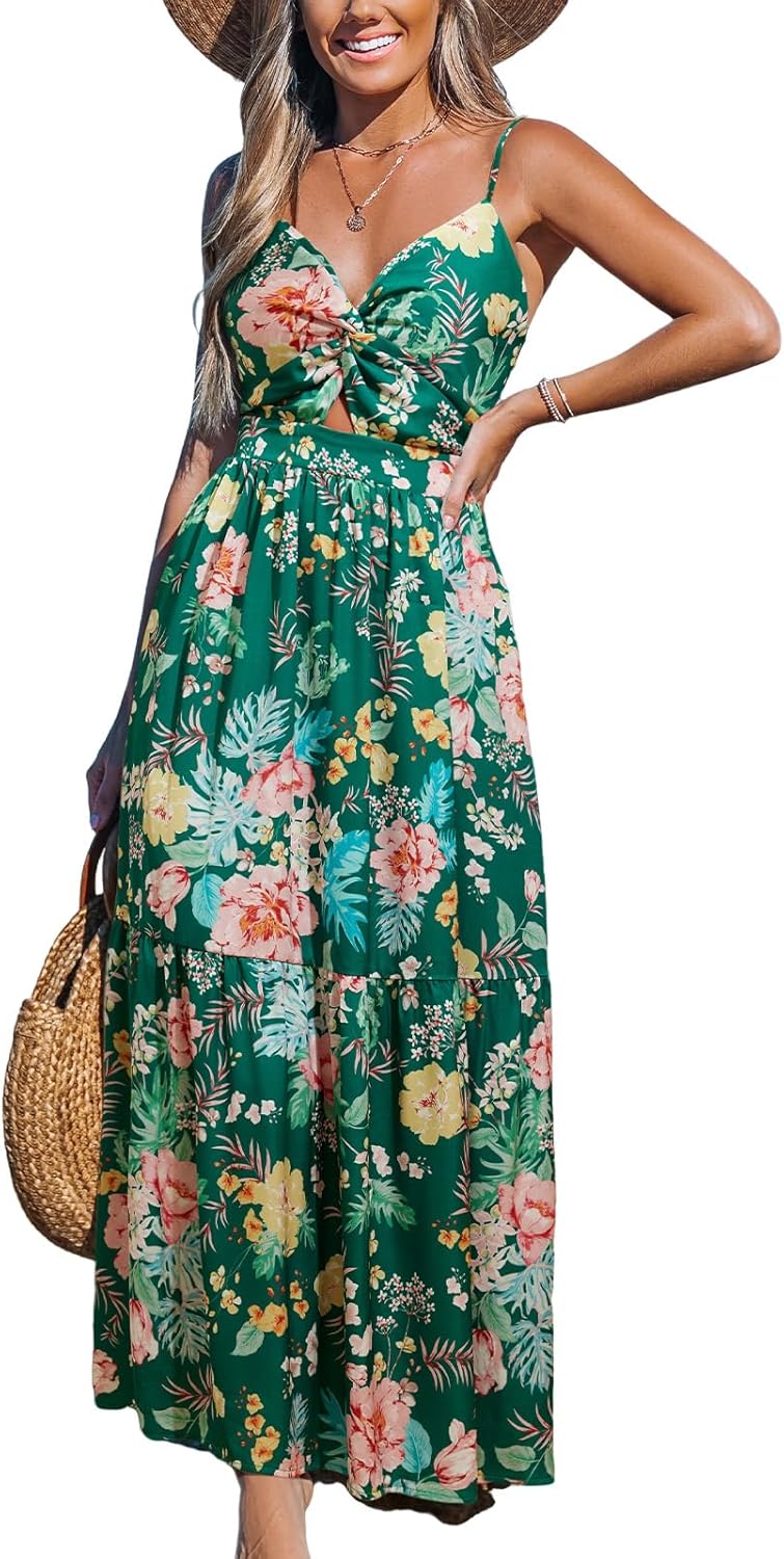 CUPSHE Women's Maxi Dress Floral Print Twisted V Neck Sleeveless Long Dress Summer Casual Dress - 7DAY'S