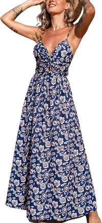 CUPSHE Women's Maxi Dress Floral Print Twisted V Neck Sleeveless Long Dress Summer Casual Dress - 7DAY'S