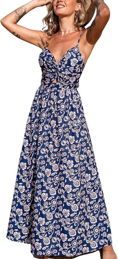CUPSHE Women's Maxi Dress Floral Print Twisted V Neck Sleeveless Long Dress Summer Casual Dress - 7DAY'S