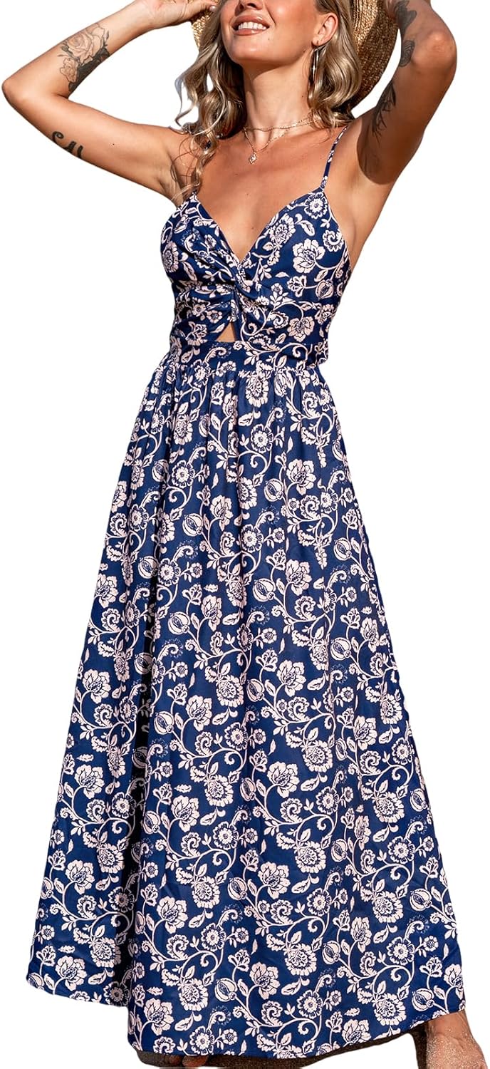 CUPSHE Women's Maxi Dress Floral Print Twisted V Neck Sleeveless Long Dress Summer Casual Dress - 7DAY'S