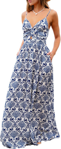 CUPSHE Women's Maxi Dress Floral Print Twisted V Neck Sleeveless Long Dress Summer Casual Dress - 7DAY'S
