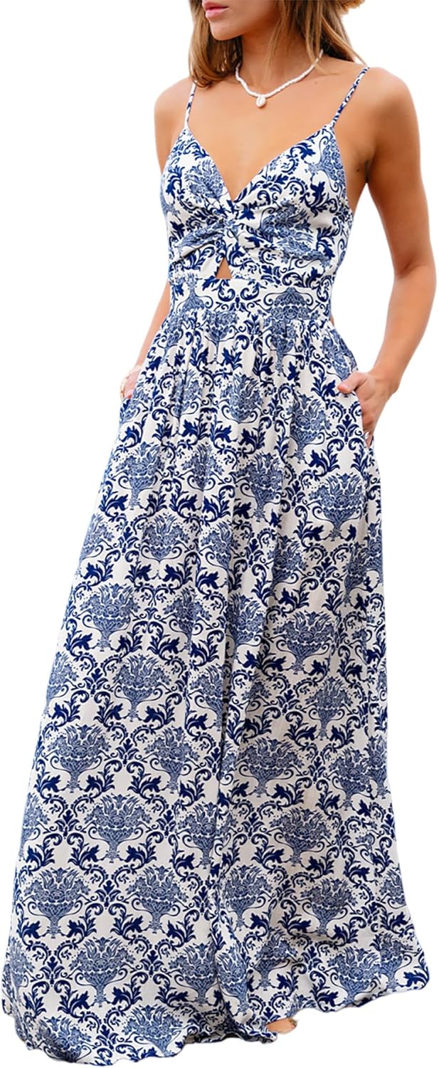 CUPSHE Women's Maxi Dress Floral Print Twisted V Neck Sleeveless Long Dress Summer Casual Dress - 7DAY'S