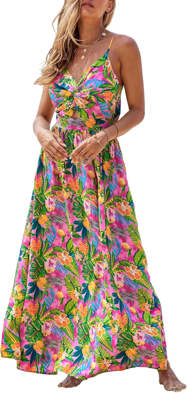 CUPSHE Women's Maxi Dress Floral Print Twisted V Neck Sleeveless Long Dress Summer Casual Dress - 7DAY'S