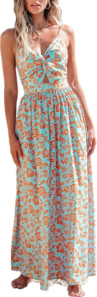 CUPSHE Women's Maxi Dress Floral Print Twisted V Neck Sleeveless Long Dress Summer Casual Dress - 7DAY'S