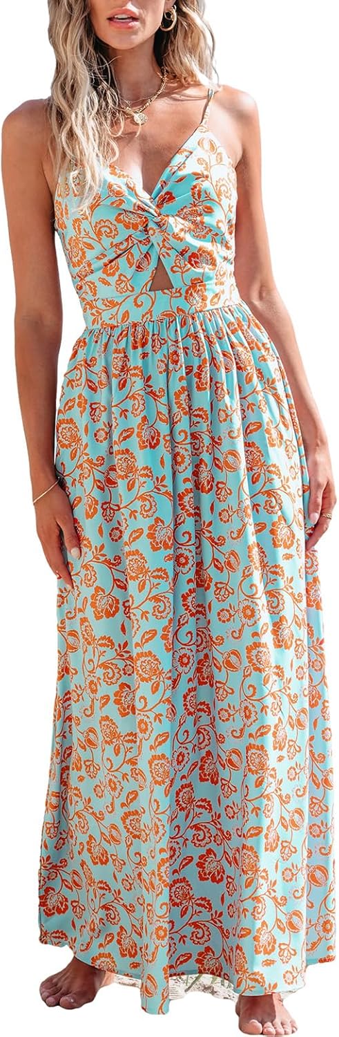 CUPSHE Women's Maxi Dress Floral Print Twisted V Neck Sleeveless Long Dress Summer Casual Dress - 7DAY'S