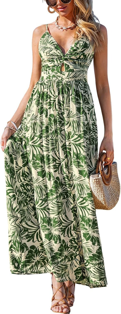 CUPSHE Women's Maxi Dress Floral Print Twisted V Neck Sleeveless Long Dress Summer Casual Dress - 7DAY'S