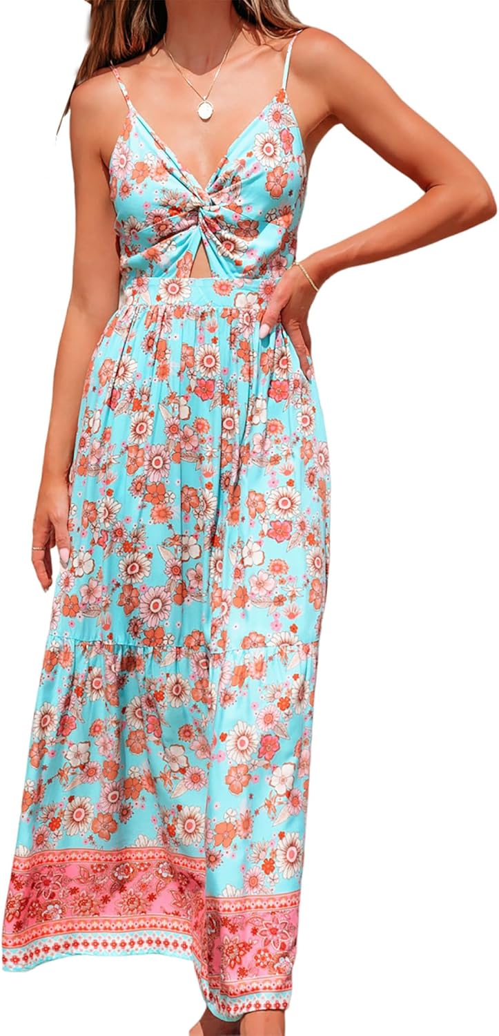 CUPSHE Women's Maxi Dress Floral Print Twisted V Neck Sleeveless Long Dress Summer Casual Dress - 7DAY'S