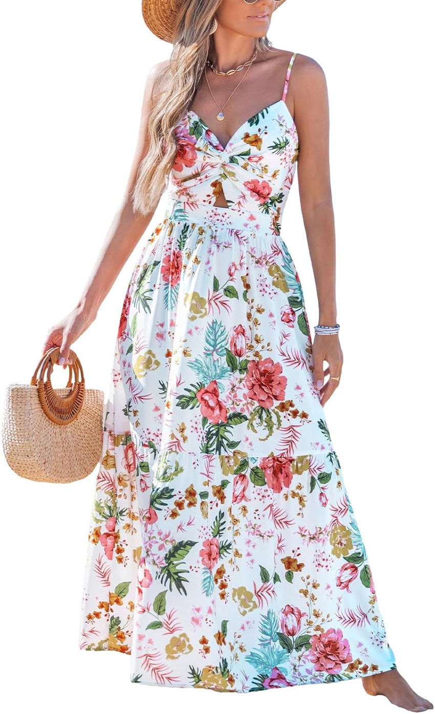 CUPSHE Women's Maxi Dress Floral Print Twisted V Neck Sleeveless Long Dress Summer Casual Dress - 7DAY'S