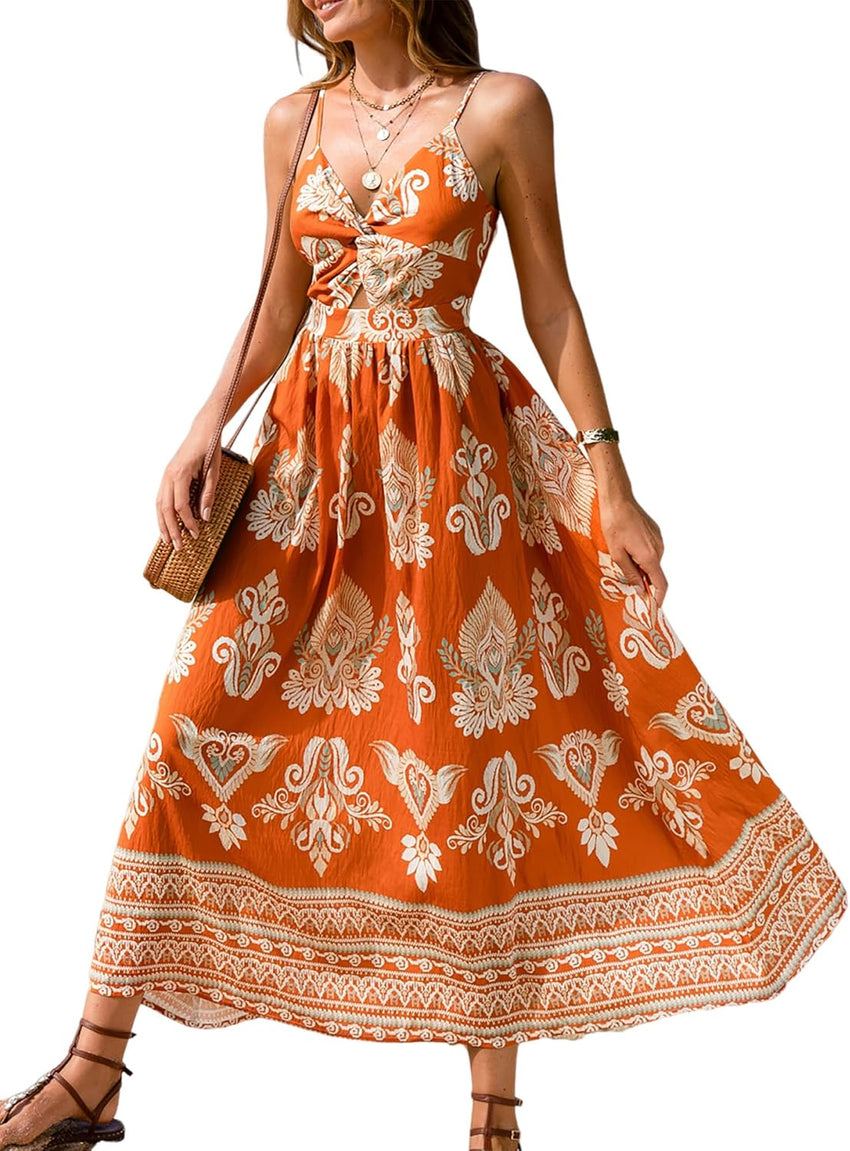CUPSHE Women's Maxi Dress Floral Print Twisted V Neck Sleeveless Long Dress Summer Casual Dress - 7DAY'S