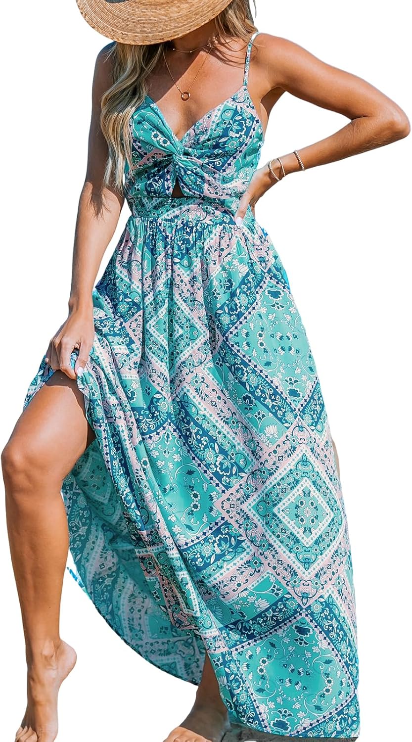 CUPSHE Women's Maxi Dress Floral Print Twisted V Neck Sleeveless Long Dress Summer Casual Dress - 7DAY'S