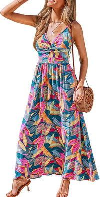 CUPSHE Women's Maxi Dress Floral Print Twisted V Neck Sleeveless Long Dress Summer Casual Dress - 7DAY'S