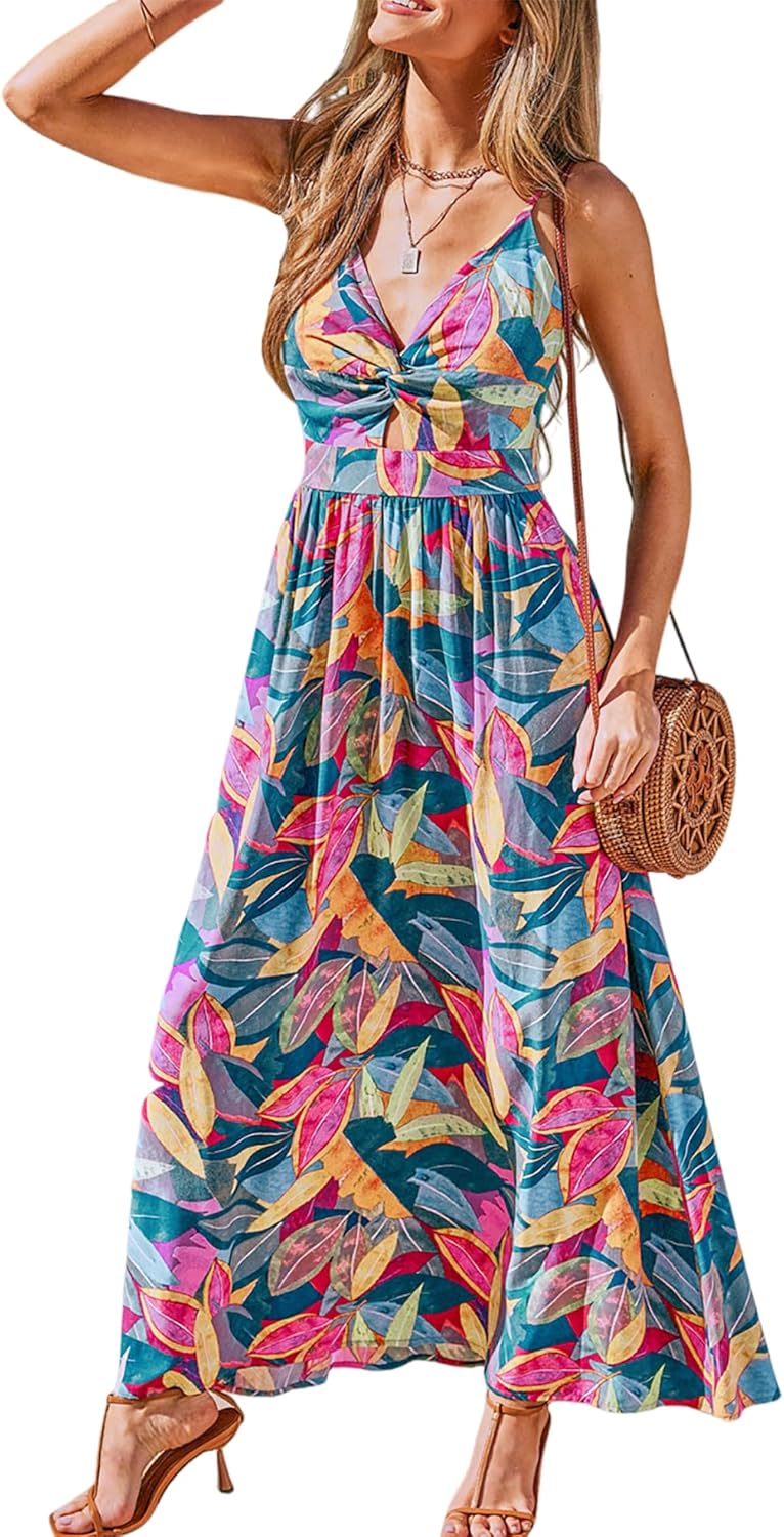 CUPSHE Women's Maxi Dress Floral Print Twisted V Neck Sleeveless Long Dress Summer Casual Dress - 7DAY'S