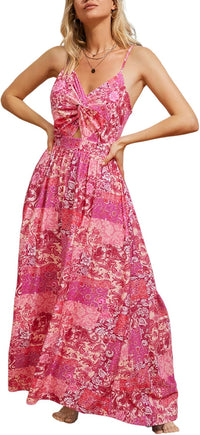 CUPSHE Women's Maxi Dress Floral Print Twisted V Neck Sleeveless Long Dress Summer Casual Dress - 7DAY'S