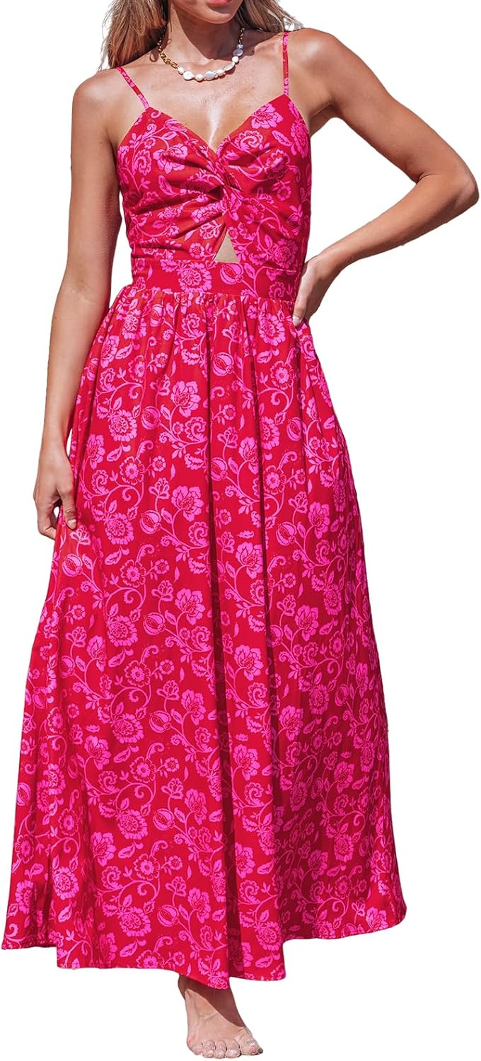 CUPSHE Women's Maxi Dress Floral Print Twisted V Neck Sleeveless Long Dress Summer Casual Dress - 7DAY'S