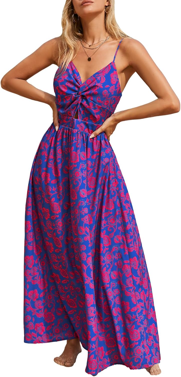 CUPSHE Women's Maxi Dress Floral Print Twisted V Neck Sleeveless Long Dress Summer Casual Dress - 7DAY'S